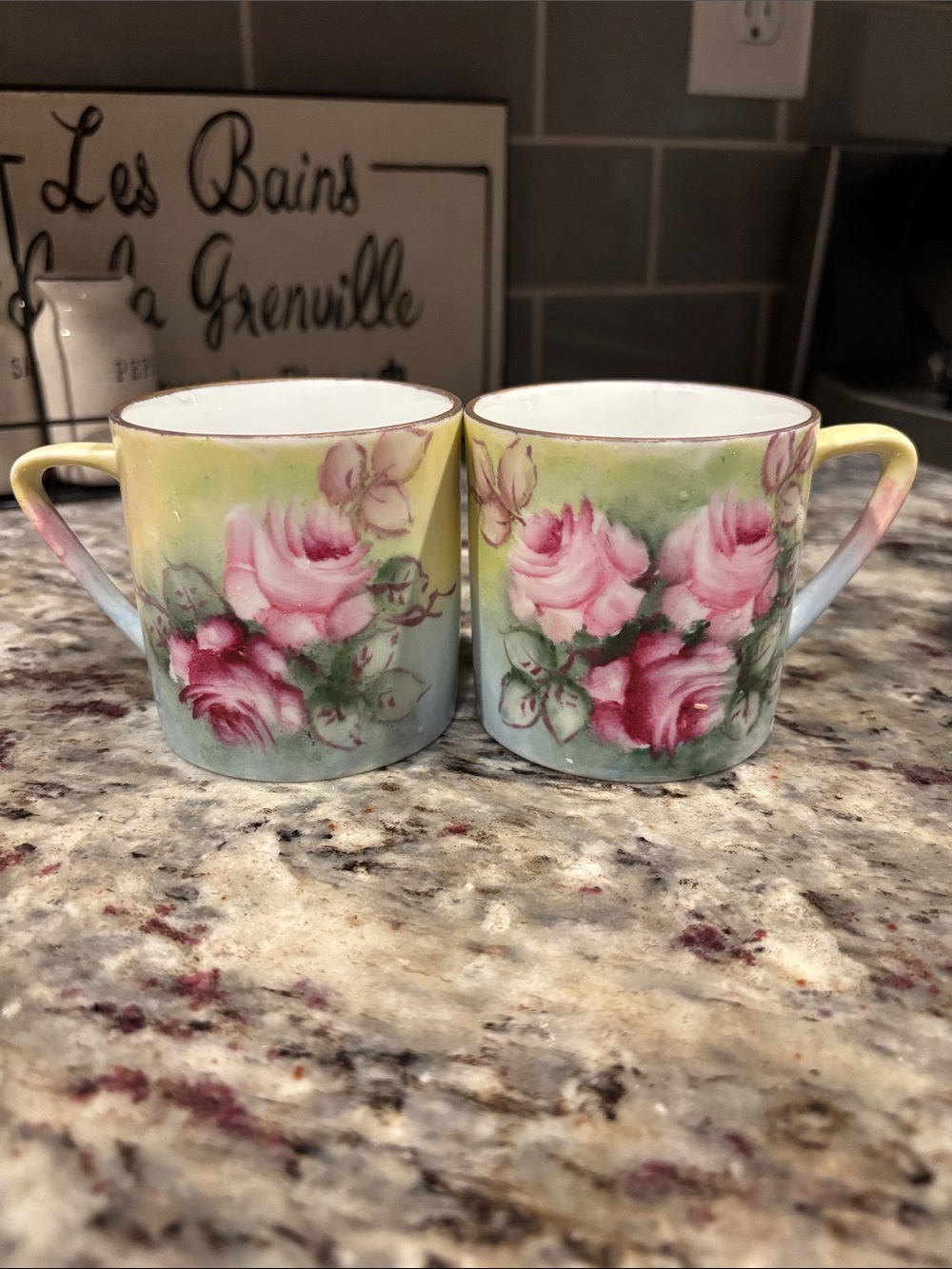 Hand-Painted Pink Rose Porcelain Mugs - Set of 2
